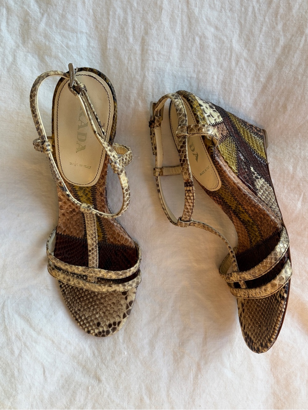 Vintage Prada Snake Python Animal Leather T Strap Wedges Heels Brown Tan Green